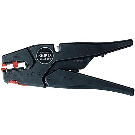 Zwarte automatische draadstripper van Knipex. Met rode accenten en productnaam 12 40 200.
