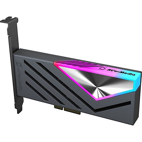 AVerMedia Capture Card in Schwarz mit metallischem Design und leuchtendem RGB-Lichtstreifen.