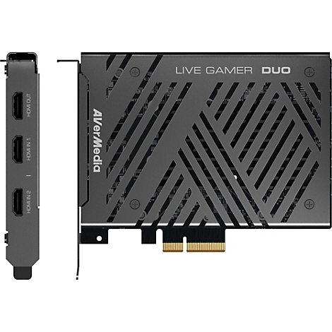 AVerMedia Live Gamer DUO Capture Card vor weißem Hintergrund, Anschlüsse links und Karte rechts sichtbar.