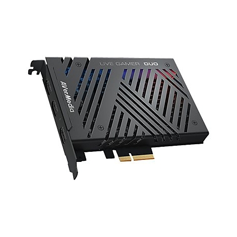 Schwarze AVerMedia Live Gamer Duo Capture-Karte mit PCI-Express-Anschluss und markantem Design.