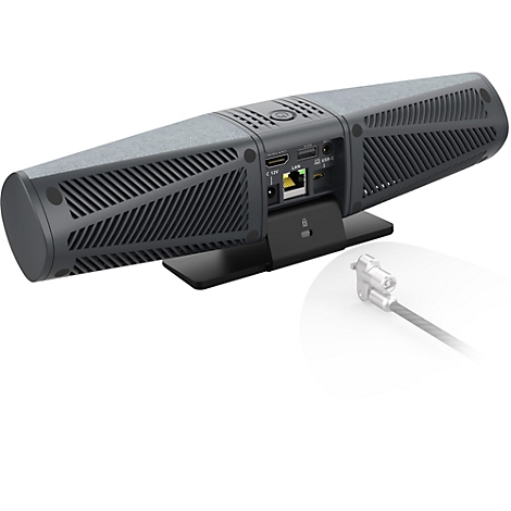 Rückseite einer Konferenz-Soundbar mit Anschlüssen, Ständer und einem separaten Sicherheitskabel vor weißem Hintergrund.