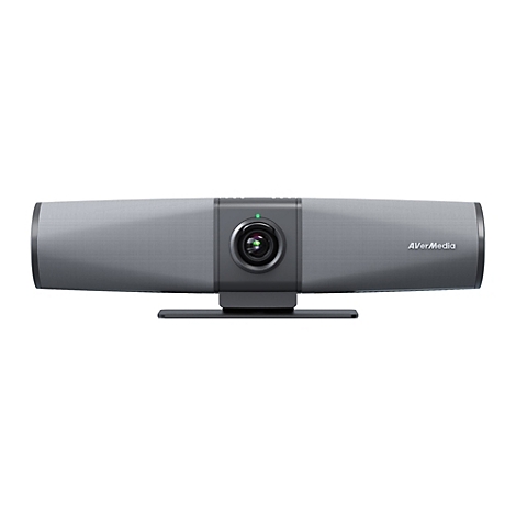 Graue AVerMedia Videokonferenz-Kamera mit zentralem Objektiv und grüner Status-LED vor weißem Hintergrund.