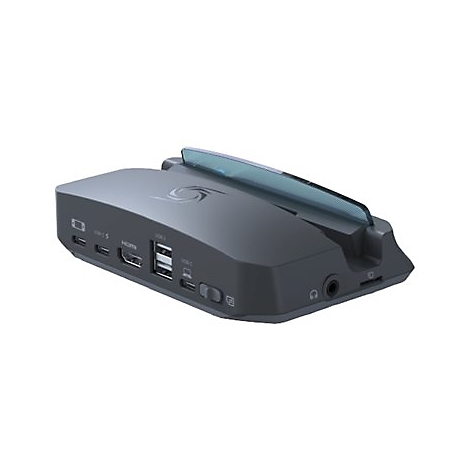 Graue Gaming-Dockingstation für Handheld-Konsolen mit zahlreichen USB-, HDMI- und Audio-Anschlüssen.