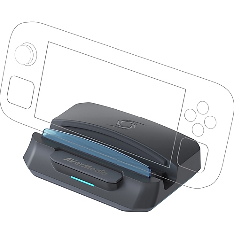 Schwarze AVerMedia Dockingstation mit blauen Akzenten, in der eine Handheld-Konsole schemenhaft eingesteckt ist.