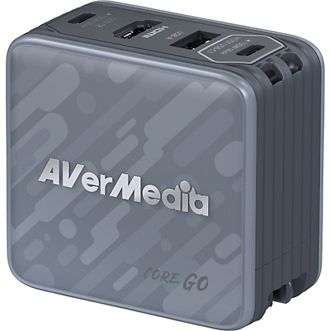 Grauer AVerMedia Core Go USB-C Docking-Hub mit HDMI- und USB-Anschlüssen in kompakter, rechteckiger Form.