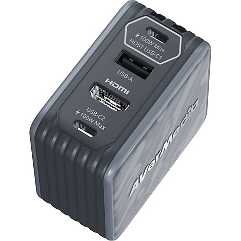 AverMedia Docking-Station mit zwei USB-C-, einem USB-A- und einem HDMI-Anschluss vor neutralem Hintergrund.