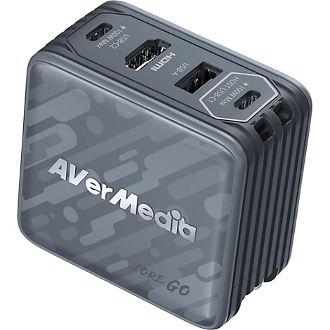 Grauer AVerMedia CORE GO USB-C Hub mit HDMI-Anschluss, USB-A und zwei 100W USB-C Ports auf weißem Hintergrund.