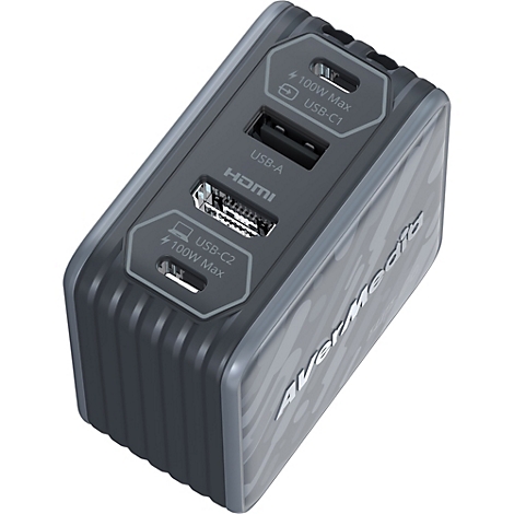 Kompakter AverMedia USB-C-Hub mit HDMI, USB-A und zwei 100W USB-C-Anschlüssen in Grau.