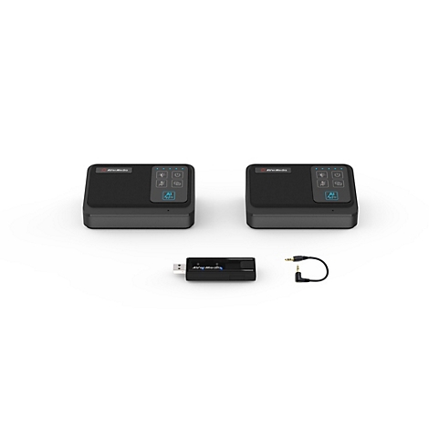 Zwei schwarze AVerMedia Mikrofon-Einheiten, ein USB-Dongle und ein Audiokabel auf weißem Hintergrund.