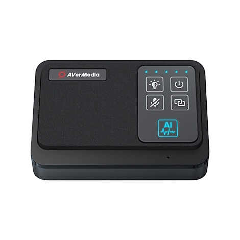 Schwarzes AVerMedia-Steuergerät mit Bedienfeld und blau leuchtenden Symbolen auf weißem Grund.
