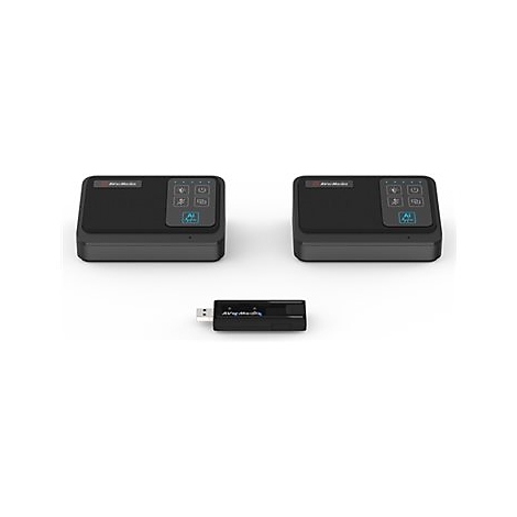 Zwei schwarze AVerMedia Audio-Module und ein USB-Dongle auf weißem Hintergrund.