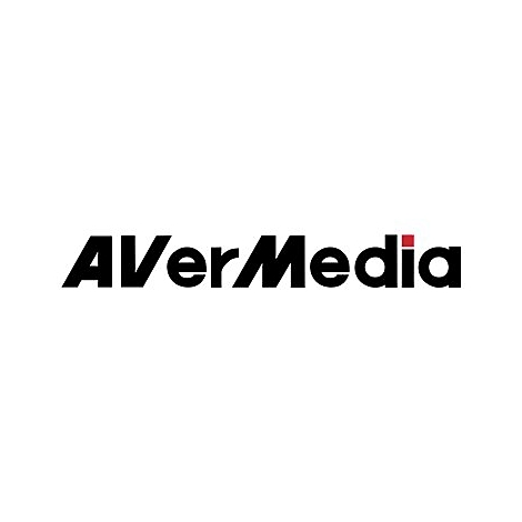 Das schwarze AVerMedia Logo auf weißem Hintergrund mit einem kleinen roten Quadrat über dem i.