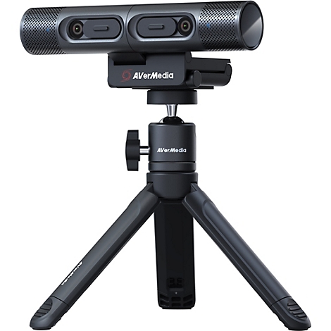 AVerMedia Webcam auf einem kompakten Stativ vor weißem Hintergrund.