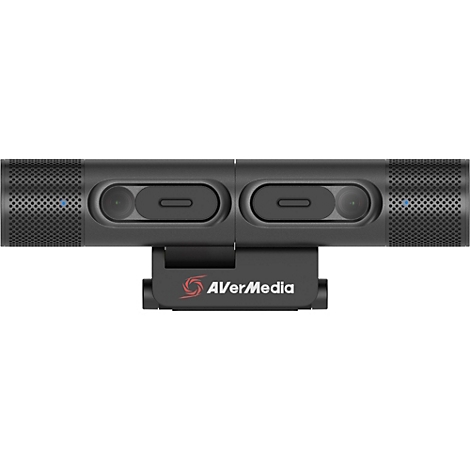 Schwarze AVerMedia Dual-Kamera mit Mikrofongehäuse vor neutralem Hintergrund.