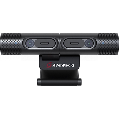 Schwarze AVerMedia Dual-Kamera mit Stativhalterung vor neutralem Hintergrund.