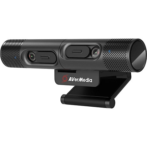 Schwarze AVerMedia Dual-Kamera mit integrierten Objektiven und Mikrofonen auf einem verstellbaren Standfuß.