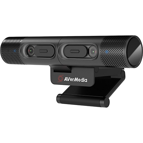 Schwarze AVerMedia Dual-Kamera mit integriertem Mikrofon und verstellbarem Standfuß vor weißem Hintergrund.