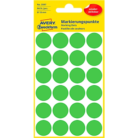 Een verpakking groene markeringsstippen, gelabeld met 'Markeringsstippen' en 'AVERY Zweckform'.