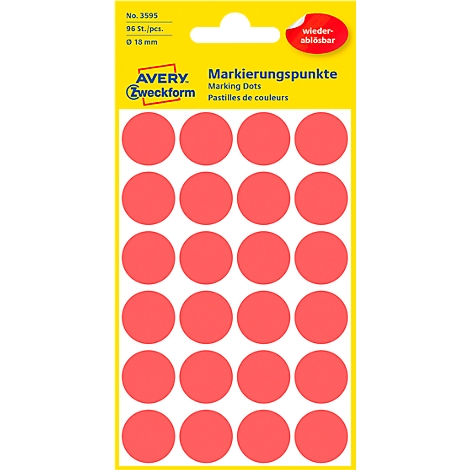 Vel rode markeerpunten. Rechtsboven staat het label "verwijderbaar". Labeling: Avery Zweckform, marking dots.