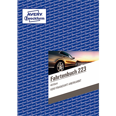 Trip book 223 by Avery Zweckform. On a blue background with a car illustration.