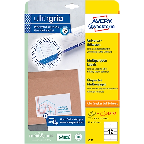 Verpakking van Avery Zweckform etiketten. Afdrukken: Universele etiketten, multi-usage, gratis online sjablonen.