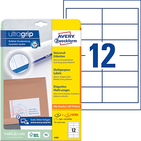 Verpakking van Avery Zweckform universele etiketten met 12 etiketten en productinformatie.