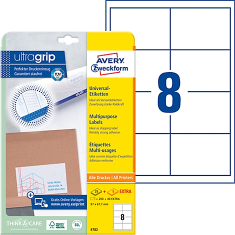 Een pakket Avery Zweckform universele etiketten met 8 etiketten, naast de verpakking de etiketten zelf.