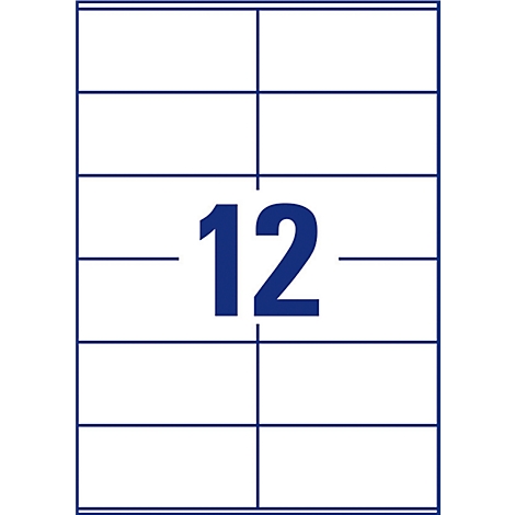 Een vel met 12 rechthoekige etiketten, blauw omrand. In het midden staat het getal 12 groot.