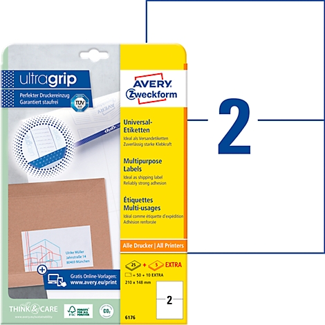 Productverpakking van Avery Zweckform universele etiketten met de opdruk "ultragrip" en het nummer "2".
