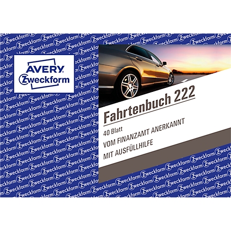 Image publicitaire pour un carnet de bord. On y voit une voiture grise, avec un coucher de soleil en arrière-plan. Le texte : Fahrtenbuch 222, 40 feuilles, reconnu par le fisc.