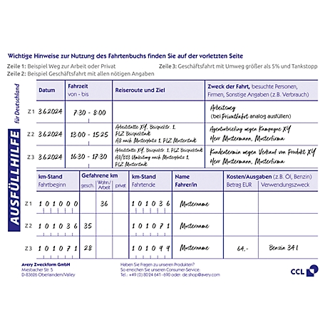 Un carnet de bord manuscrit rempli d'entrées sur la date, l'heure, l'itinéraire, le but du voyage, le kilométrage et les coûts. Le texte est en allemand.
