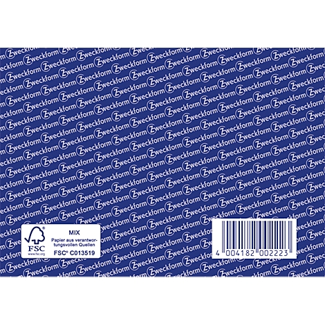 Fond bleu avec lettrage blanc 'Zweckform' répété, code-barres en bas à droite, logo FSC et texte en bas à gauche.