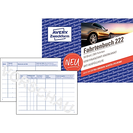 Un carnet de bord blanc 222 avec un sceau rouge « Nouveau ». Deux pages ouvertes avec des tableaux et un logo Avery Zweckform.