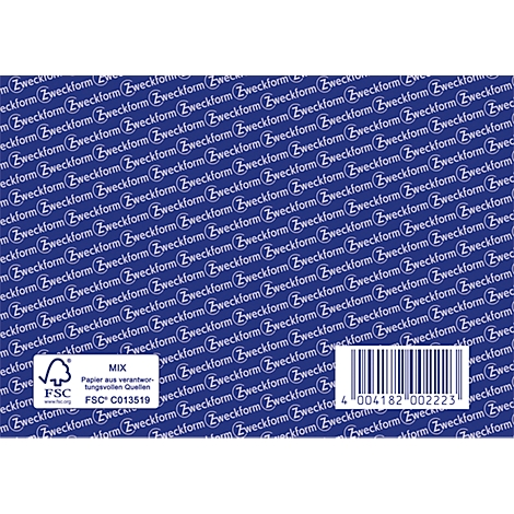 Fond bleu avec répétition de l'inscription "Zweckform", code-barres, logo FSC et texte.