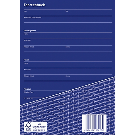 Blue logbook, heading 'Fahrtenbuch'. Contains fields for information such as 'Vehicle owner' and 'Driver'. Bottom logo 'Zweckform'.
