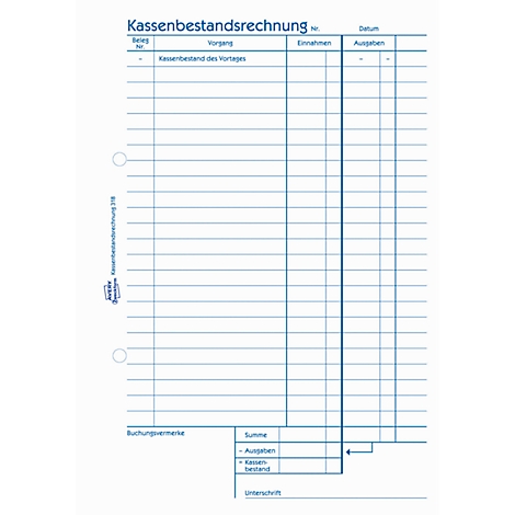 Blue-bordered table for cash balance accounting with columns for voucher number, transaction, income and expenses. The title is at the top.