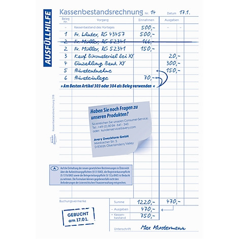 A handwritten cash balance sheet with numbers and annotations. Sticker with question: Do you have any questions about our products?