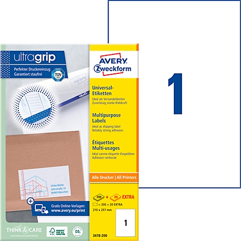 A package of Avery Zweckform universal labels with the number 1. Next to it an example of a printed envelope.