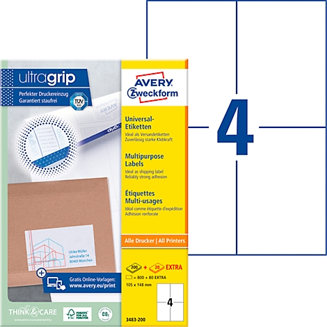 A sticker set labeled "AVERY Zweckform" next to 4 blank stickers. The cardboard box says "ultragrip".