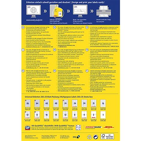 A yellow infographic with blue elements explaining how to design and print labels. Various label templates are shown below.