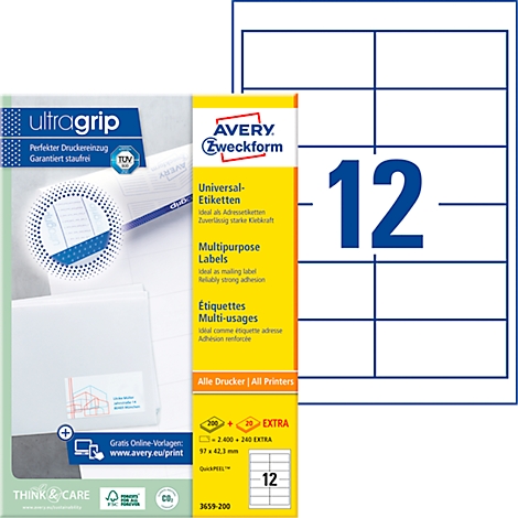 Product packaging of Avery Zweckform labels, white, with blue logo and text. To the right, a sheet of labels.