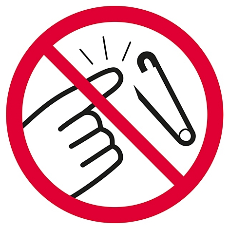 Verbodsbord: Vinger niet in de veiligheidsspeld steken. Rode cirkel met doorgekruiste hand en speld.