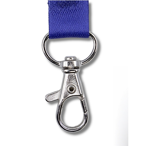 Detailopname van een zilverkleurige metalen karabijnhaak aan een blauw koord met tekst over de bevestiging.