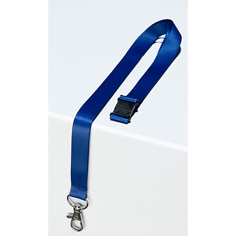 Blaues Schlüsselband mit schwarzem Verschluss und Karabinerhaken liegt auf weißem Hintergrund mit Text 10 Lanyards.