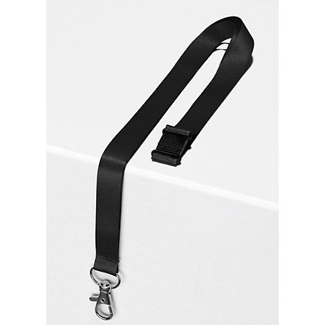 Zwart keycord met zilveren karabijnhaak op een witte ondergrond. Tekst toont: 10 Lanyards.