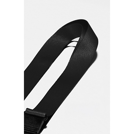 Sangle noire avec une icône de bouteille PET recyclée et mention d'une fabrication durable.