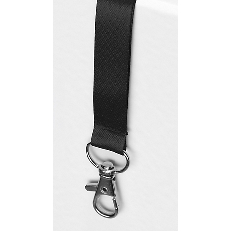 Schwarzes Schlüsselband mit silbernem Karabinerhaken. Text weist auf das weiche, satinierte Material hin.