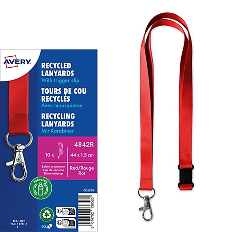 Rood Avery sleutelkoord van gerecycled materiaal met musketonhaak en veiligheidssluiting op een witte achtergrond.