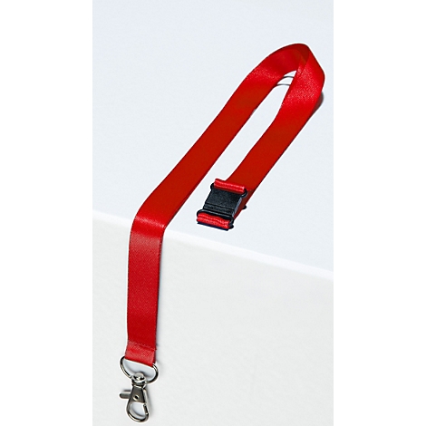 Rotes Schlüsselband mit Metallkarabiner, das über eine weiße Kante hängt, mit dem Hinweis 10 Lanyards.