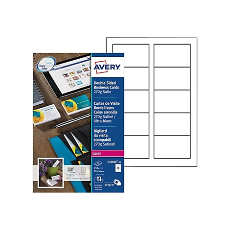 Verpackung von Avery beidseitig bedruckbaren Visitenkarten mit 270g Satin-Papier und Vorlage für 10 Karten pro Blatt.
